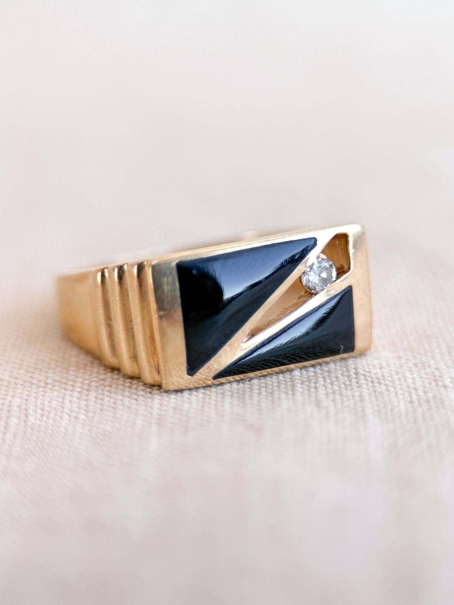 Vintage Diamond and Onyx Wedding Band, 14k Gold, Mens Signet Statement Ring, Anniversary Band