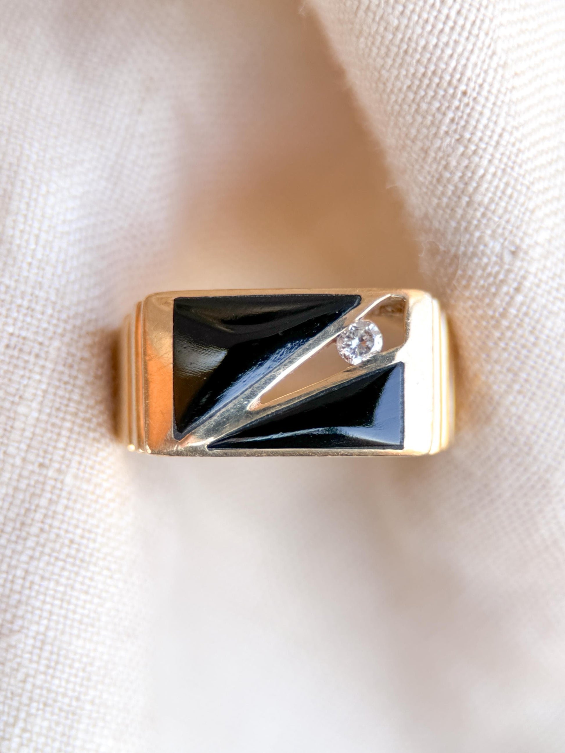 Vintage Diamond and Onyx Wedding Band, 14k Gold, Mens Signet Statement Ring, Anniversary Band