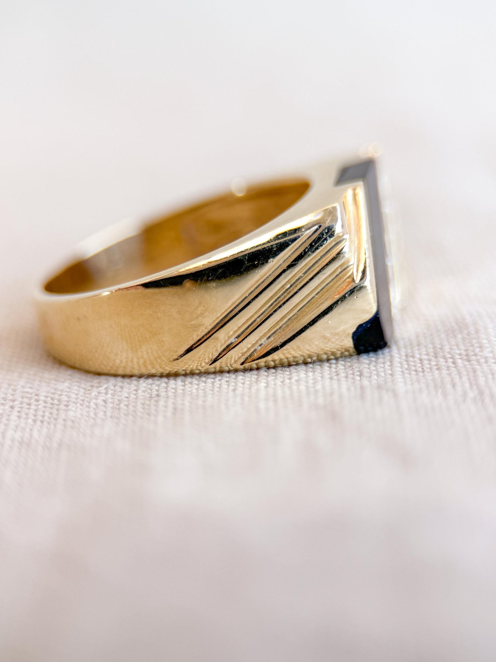 Vintage Diamond and Onyx Wedding Band, 14k Gold, Mens Signet Statement Ring, Anniversary Band