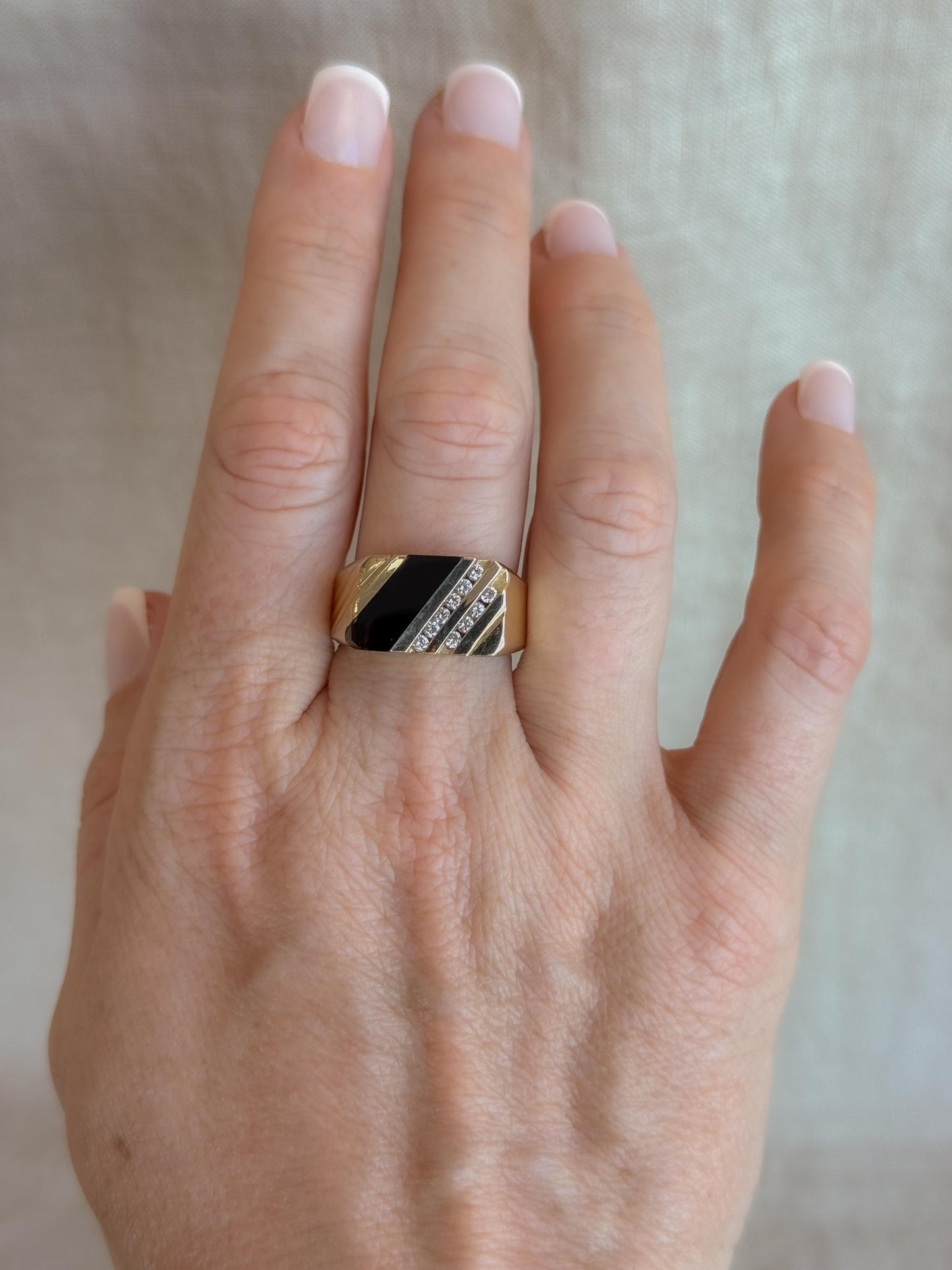 Vintage Diamond and Onyx Wedding Band, 14k Gold, Mens Signet Statement Ring, Anniversary Band