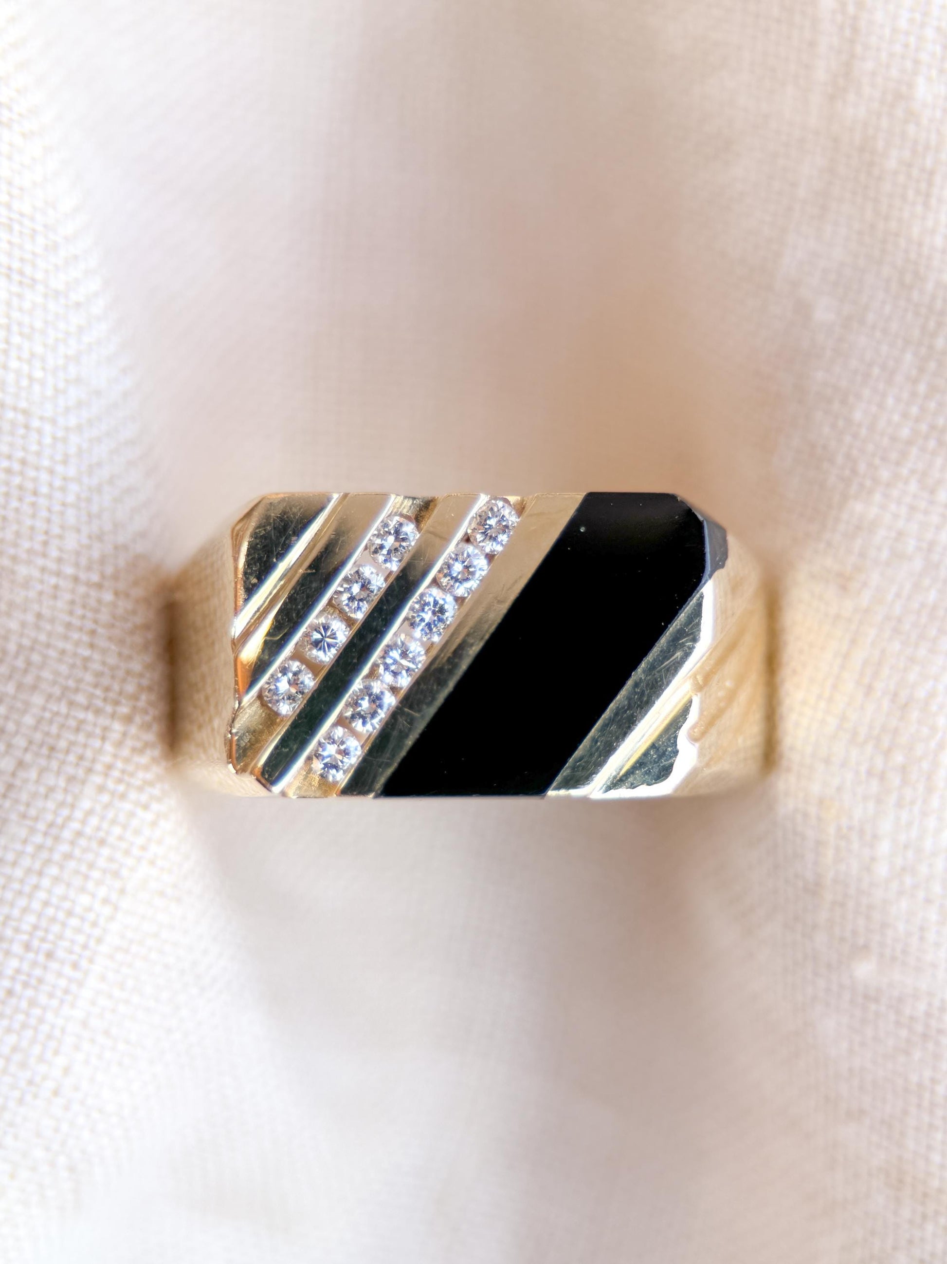Vintage Diamond and Onyx Wedding Band, 14k Gold, Mens Signet Statement Ring, Anniversary Band