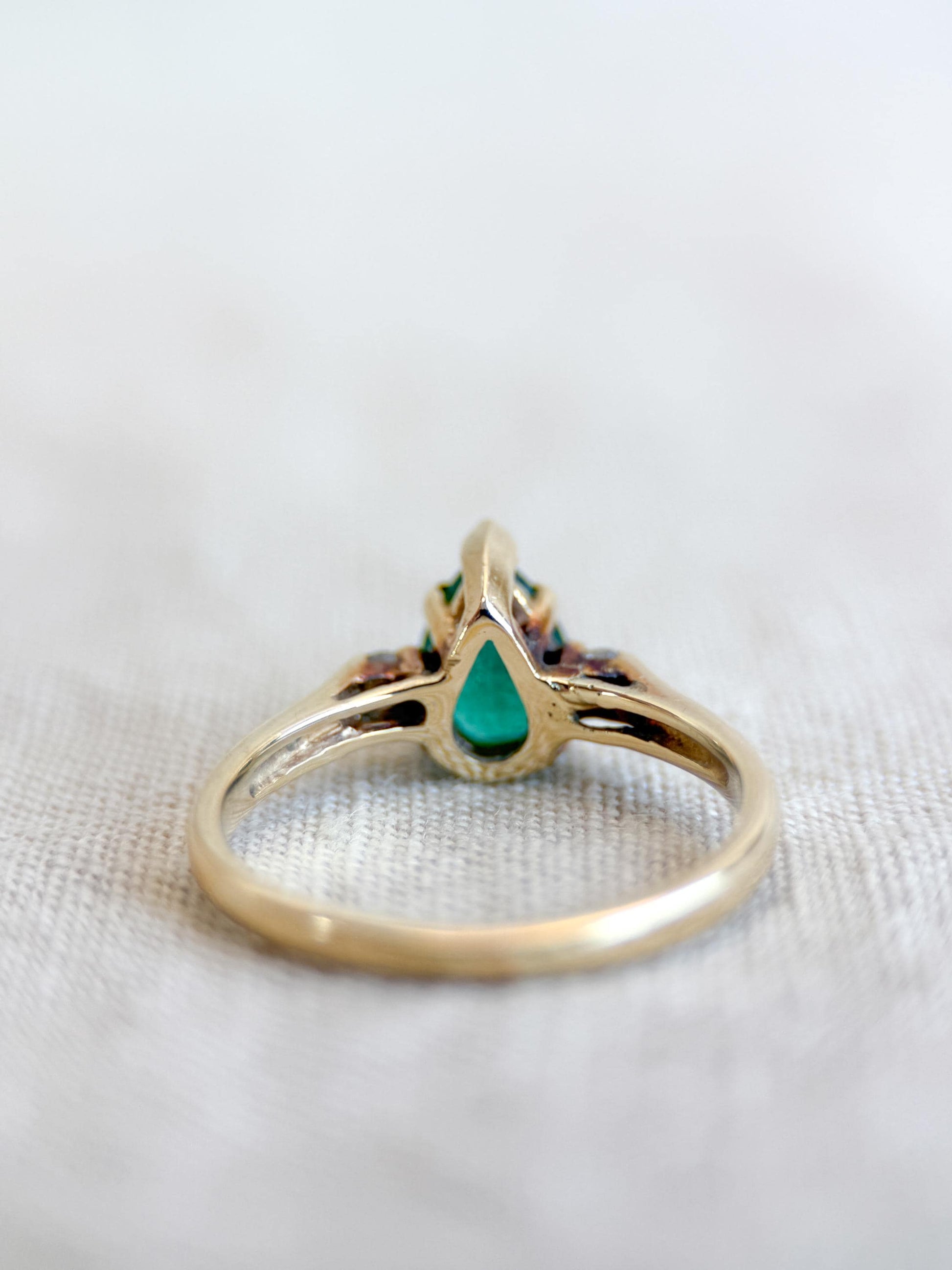 Vintage Emerald and Diamond Engagement Ring, Pear Cut, 14k Gold, Three Stone Bridal Ring