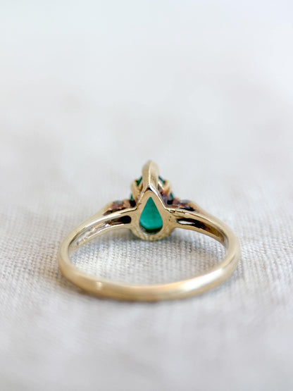 Vintage Emerald and Diamond Engagement Ring, Pear Cut, 14k Gold, Three Stone Bridal Ring