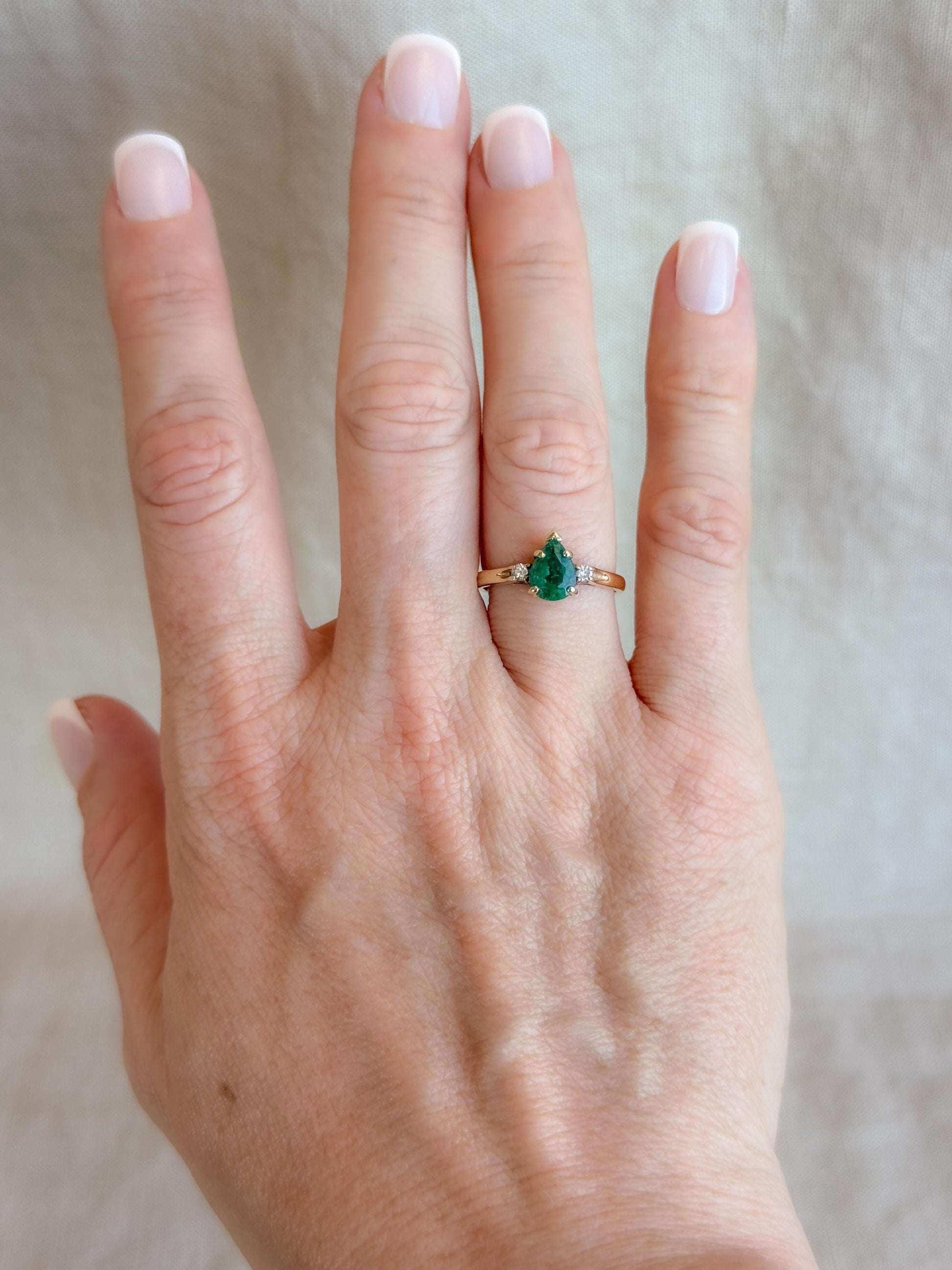 Vintage Emerald and Diamond Engagement Ring, Pear Cut, 14k Gold, Three Stone Bridal Ring