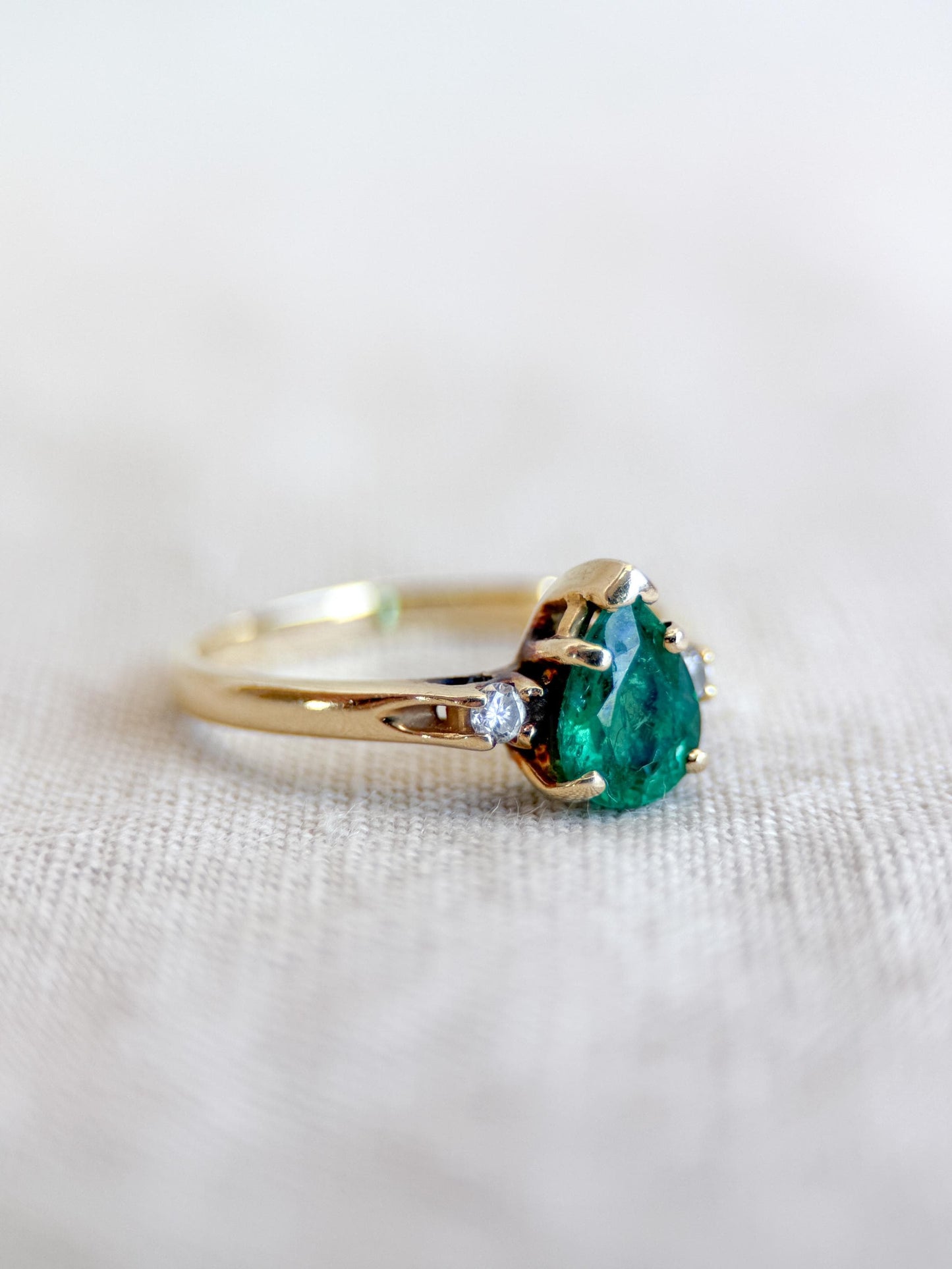 Vintage Emerald and Diamond Engagement Ring, Pear Cut, 14k Gold, Three Stone Bridal Ring