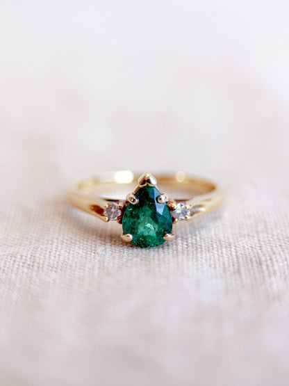 Vintage Emerald and Diamond Engagement Ring, Pear Cut, 14k Gold, Three Stone Bridal Ring