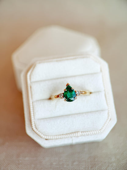 Vintage Emerald and Diamond Engagement Ring, Pear Cut, 14k Gold, Three Stone Bridal Ring