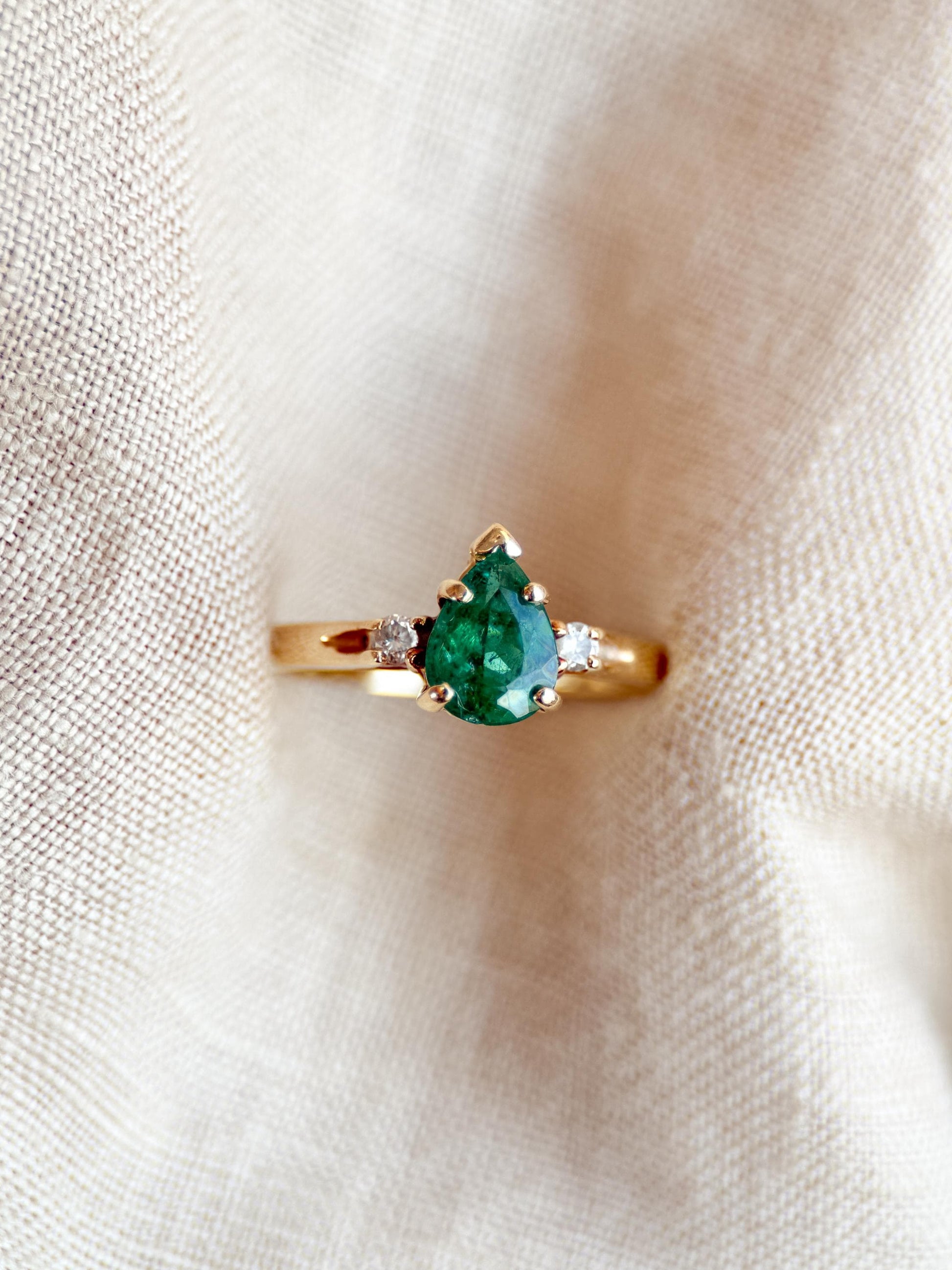 Vintage Emerald and Diamond Engagement Ring, Pear Cut, 14k Gold, Three Stone Bridal Ring