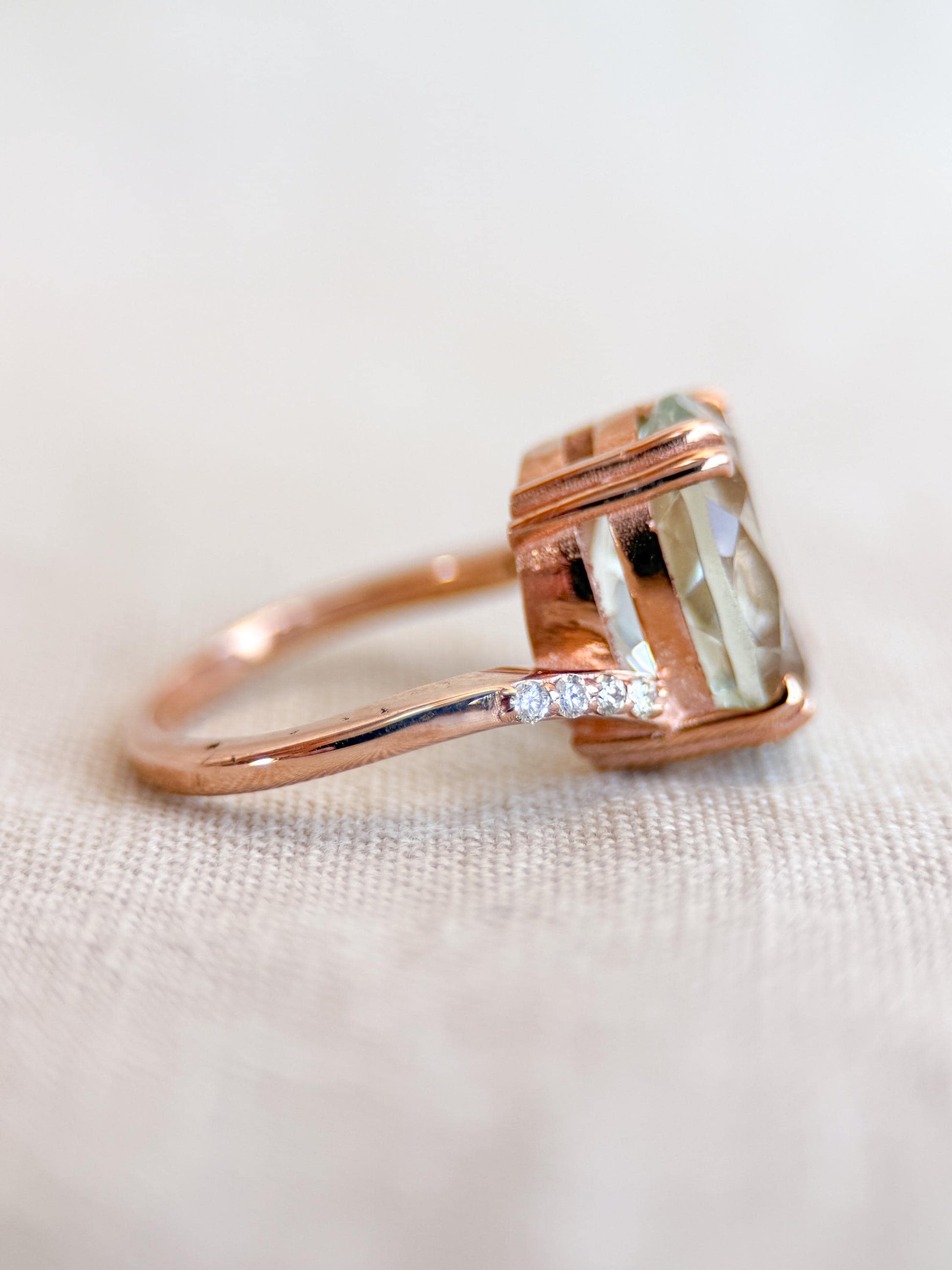 Vintage Prasiolite and Diamond Engagement Ring, Oval Cut, 10k Rose Gold, Alternative Bridal Ring
