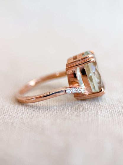 Vintage Prasiolite and Diamond Engagement Ring, Oval Cut, 10k Rose Gold, Alternative Bridal Ring