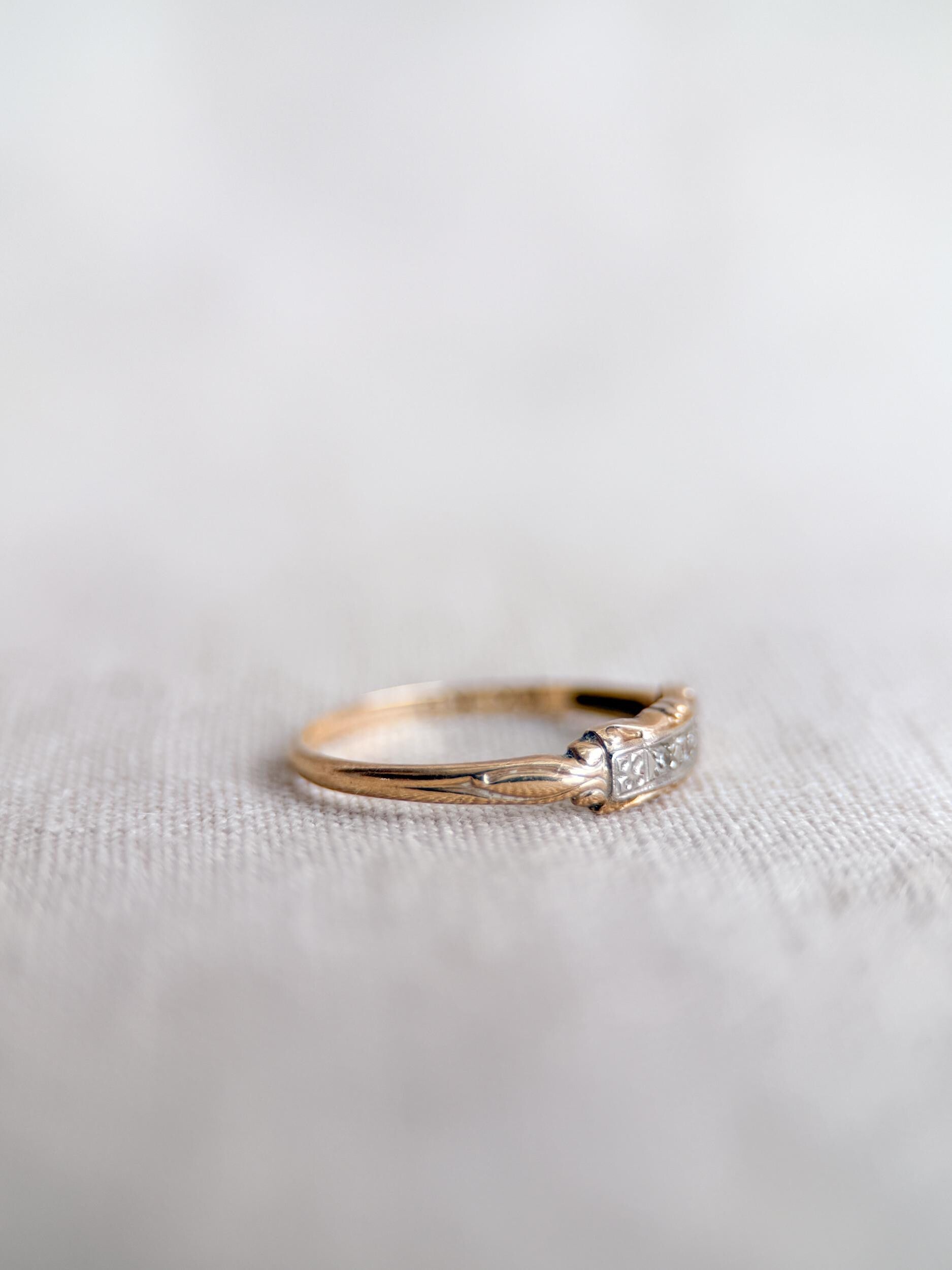 Vintage Diamond Wedding Band, 14k Gold, Art Deco Filigree Minimalist Ring, Stacking Band