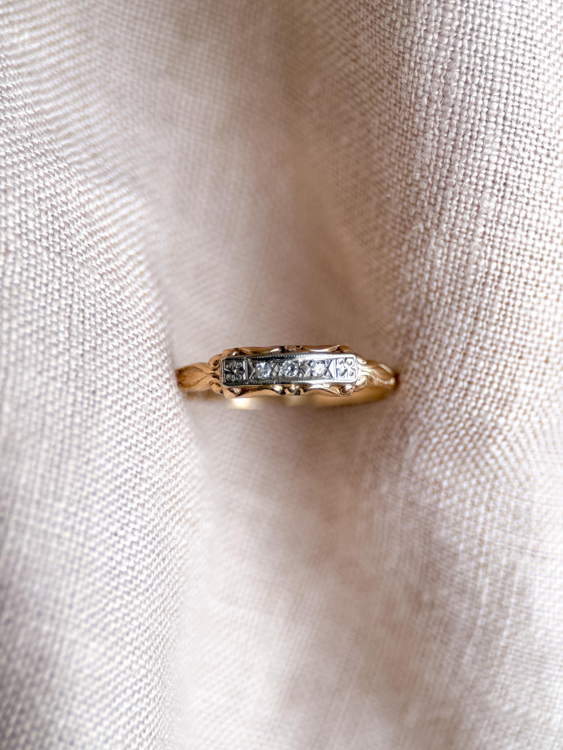 Vintage Diamond Wedding Band, 14k Gold, Art Deco Filigree Minimalist Ring, Stacking Band