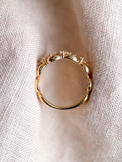 Vintage Diamond Wedding Band, 14k Gold, Floral Scalloped Link Style Ring, Stacking Band