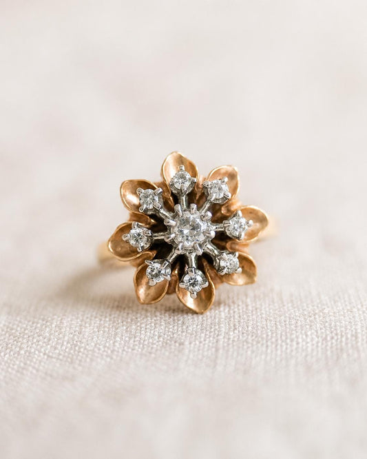Vintage Diamond Engagement Ring, 14k Gold, Floral Halo Cluster Ring, 1940s Jewelry