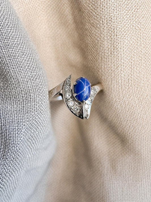 Vintage Star Sapphire and Diamond Ring, 10k White Gold, Mid-Century Statement Ring, 1940s Jewelry