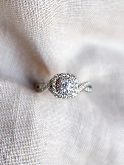 Vintage Diamond Halo Engagement Ring, Round Cut, 14k White Gold, Cushion Infinity Bridal Ring