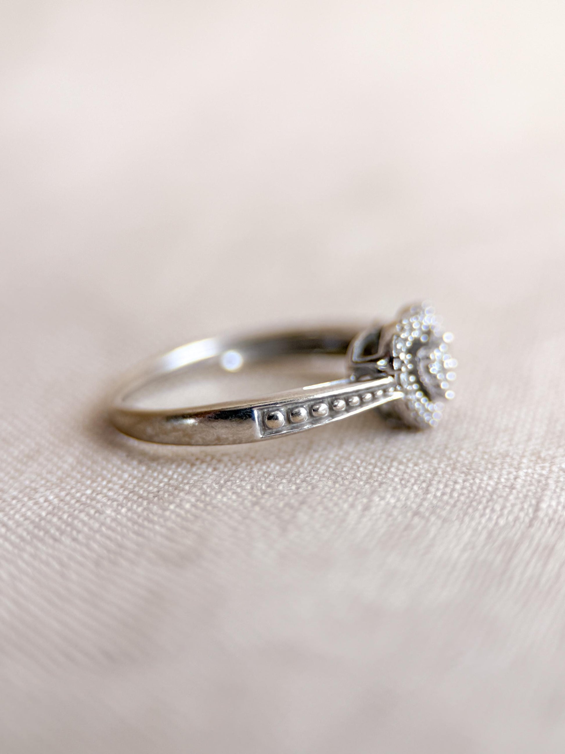 Vintage Diamond Engagement Ring, Heart Shaped 10k White Gold Halo Bridal Ring
