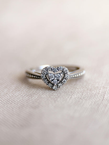 Vintage Diamond Engagement Ring, Heart Shaped 10k White Gold Halo Bridal Ring