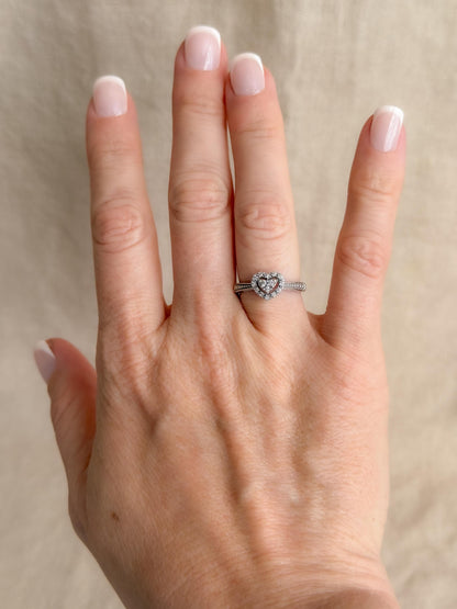 Vintage Diamond Engagement Ring, Heart Shaped 10k White Gold Halo Bridal Ring