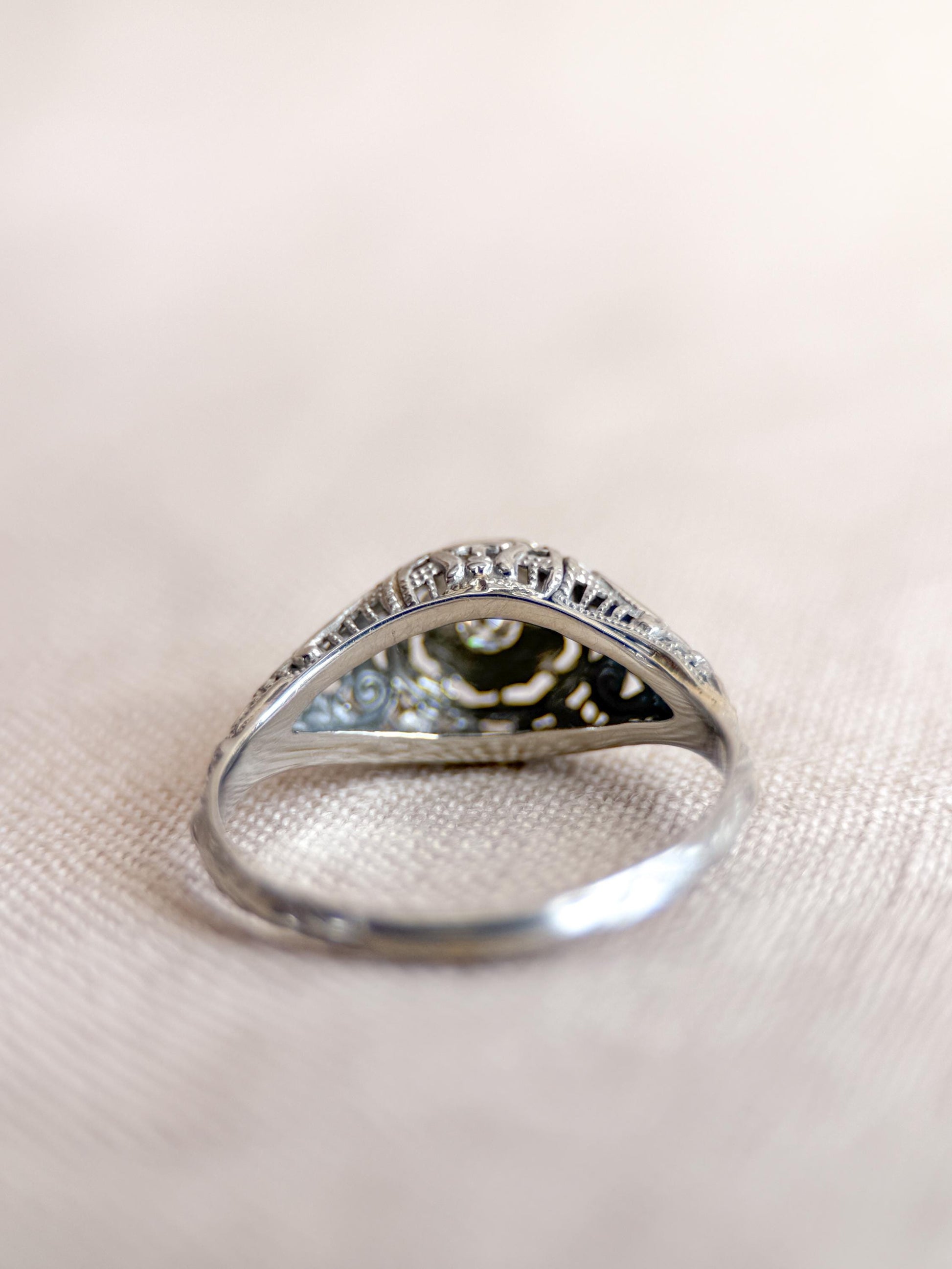 Antique Old Mine Cut Diamond Engagement Ring, 18k White Gold, Vintage Victorian Filigree Bridal Ring