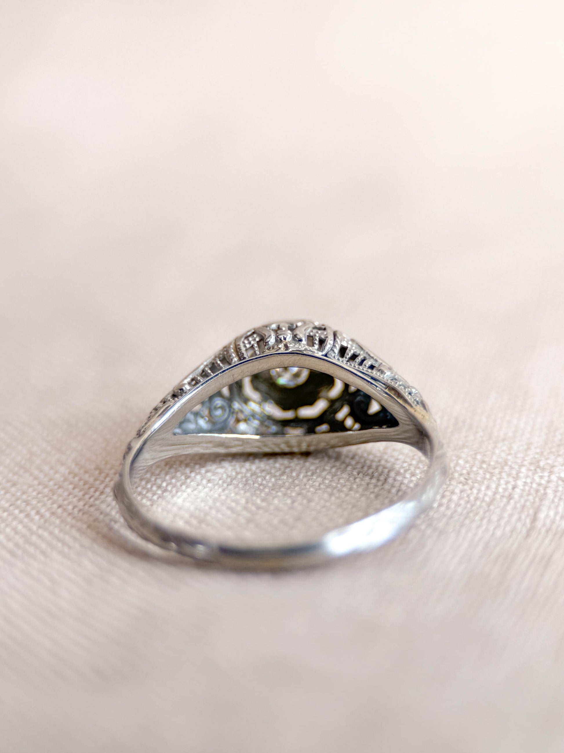 Antique Old Mine Cut Diamond Engagement Ring, 18k White Gold, Vintage Victorian Filigree Bridal Ring