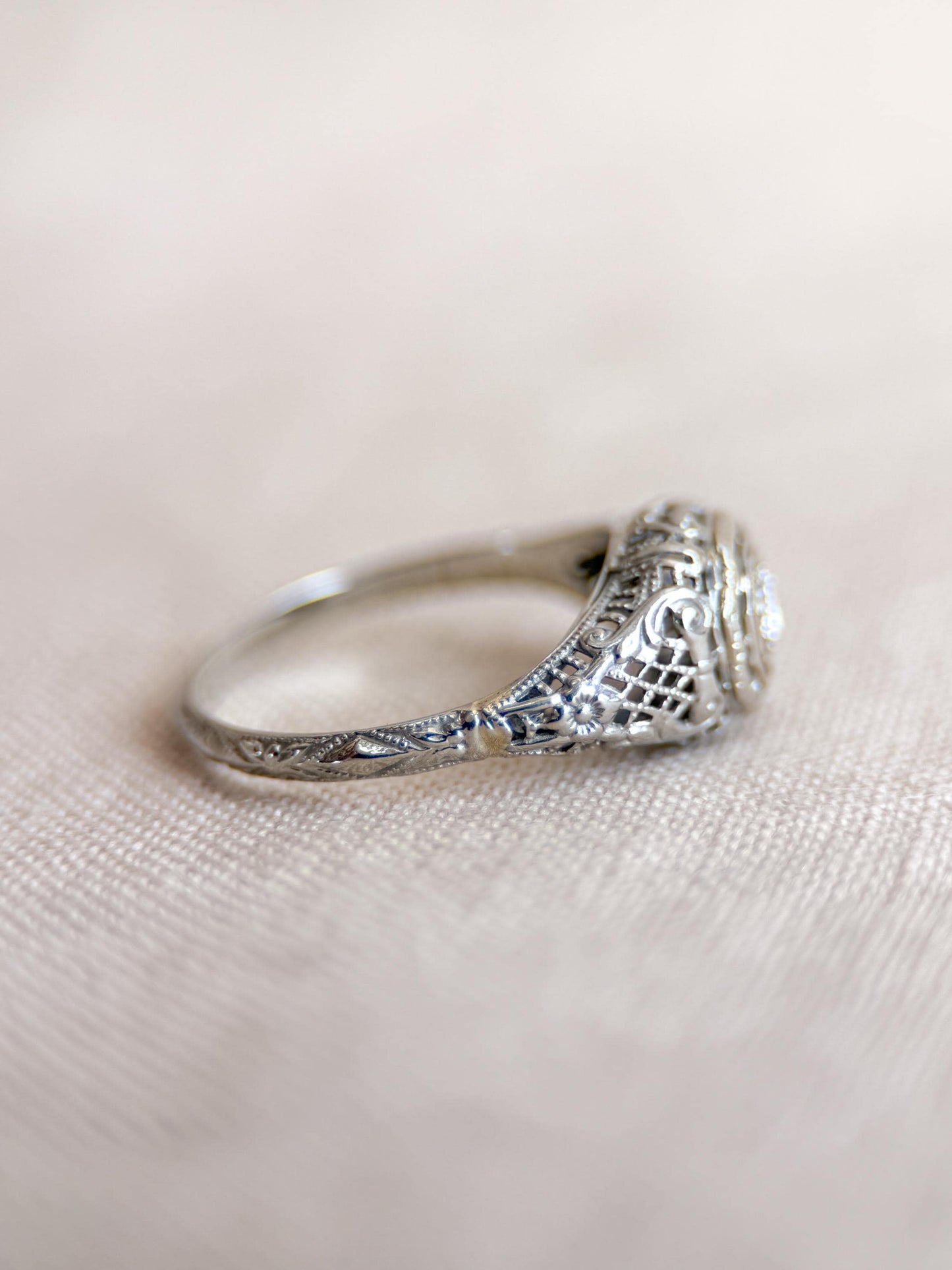 Antique Old Mine Cut Diamond Engagement Ring, 18k White Gold, Vintage Victorian Filigree Bridal Ring