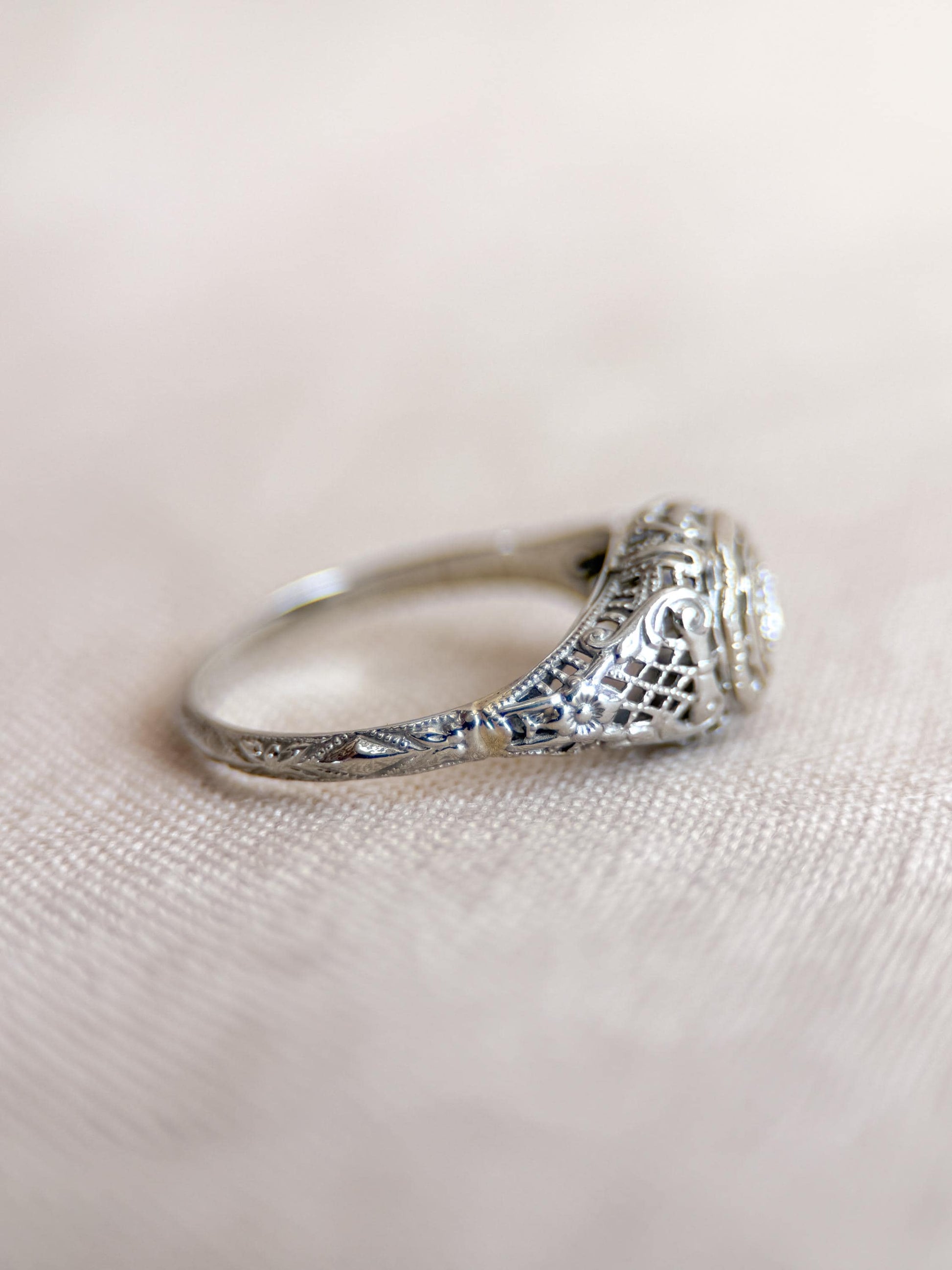 Antique Old Mine Cut Diamond Engagement Ring, 18k White Gold, Vintage Victorian Filigree Bridal Ring