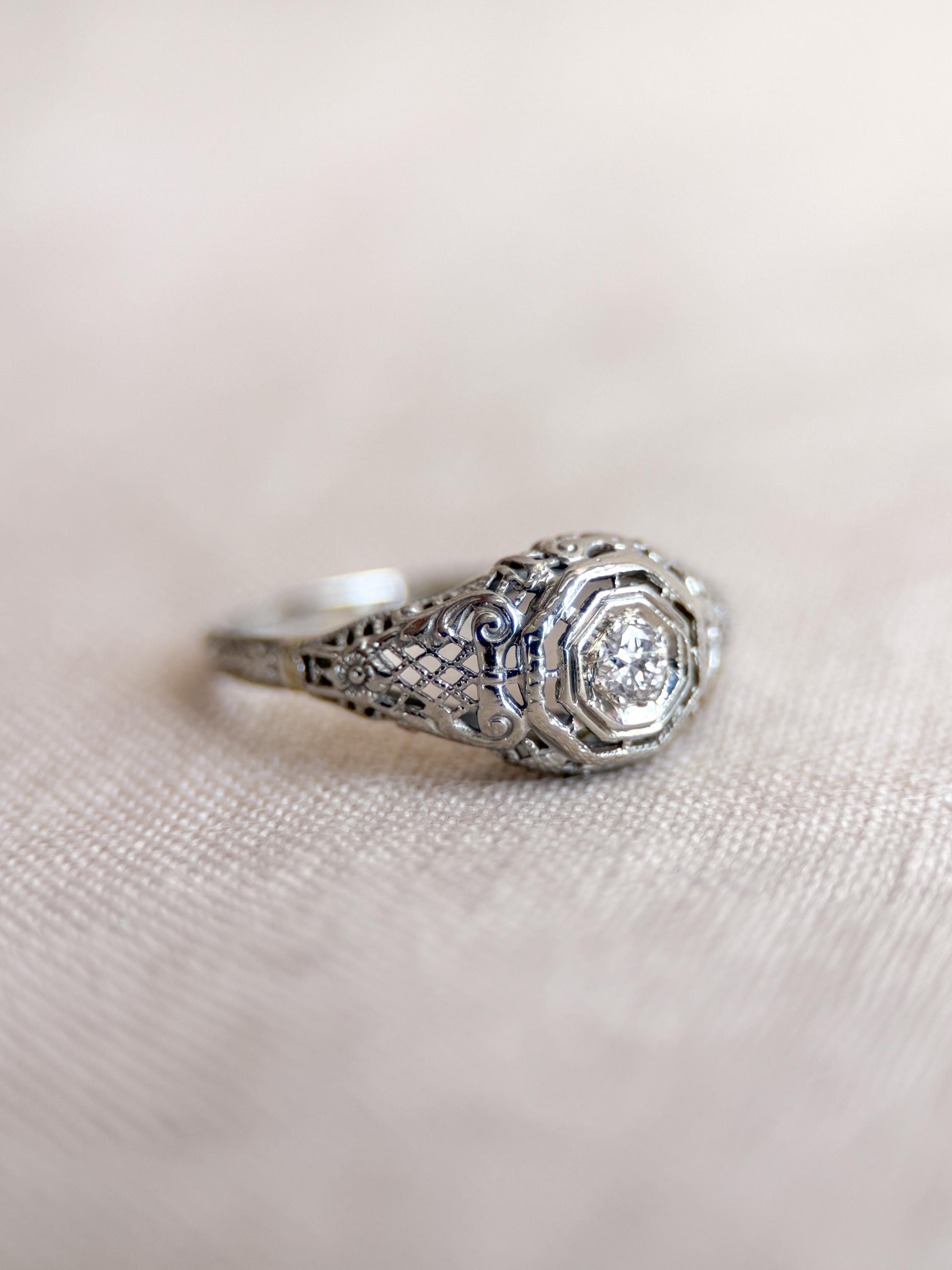 Antique Old Mine Cut Diamond Engagement Ring, 18k White Gold, Vintage Victorian Filigree Bridal Ring