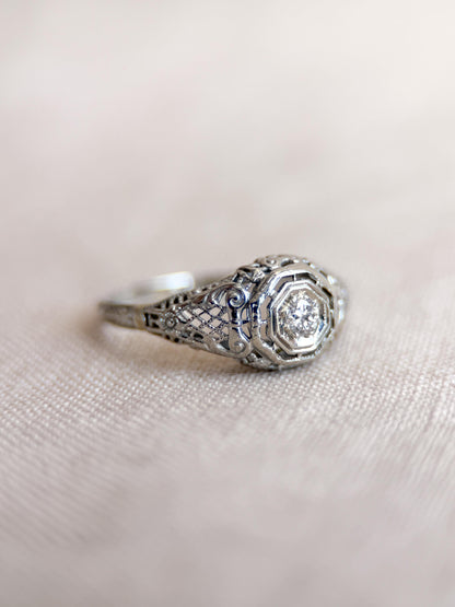 Antique Old Mine Cut Diamond Engagement Ring, 18k White Gold, Vintage Victorian Filigree Bridal Ring