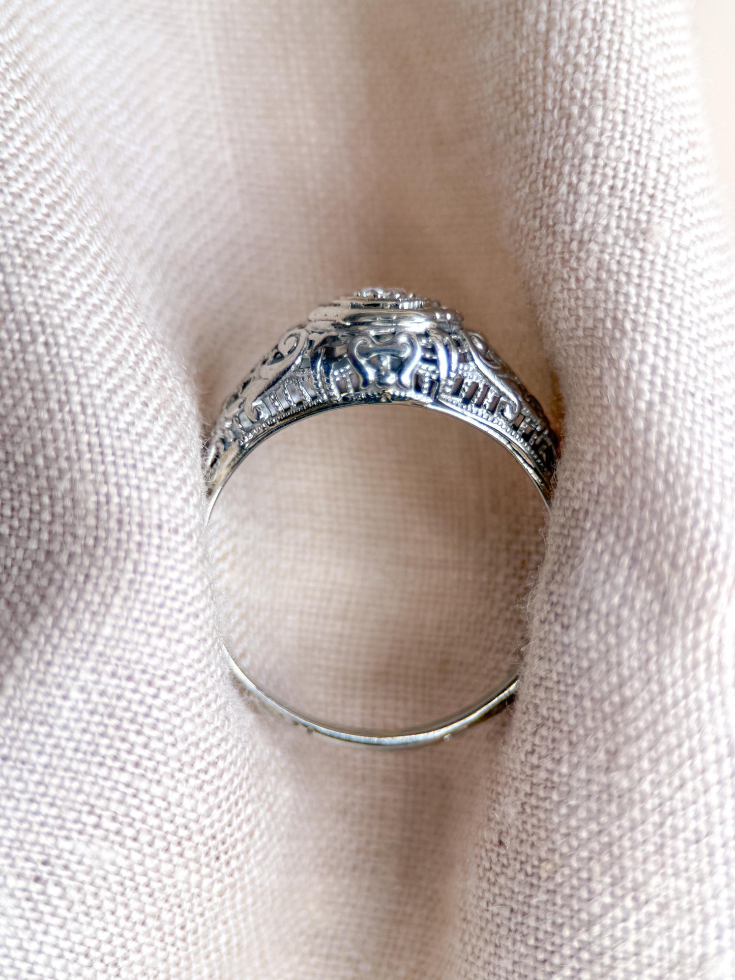 Antique Old Mine Cut Diamond Engagement Ring, 18k White Gold, Vintage Victorian Filigree Bridal Ring
