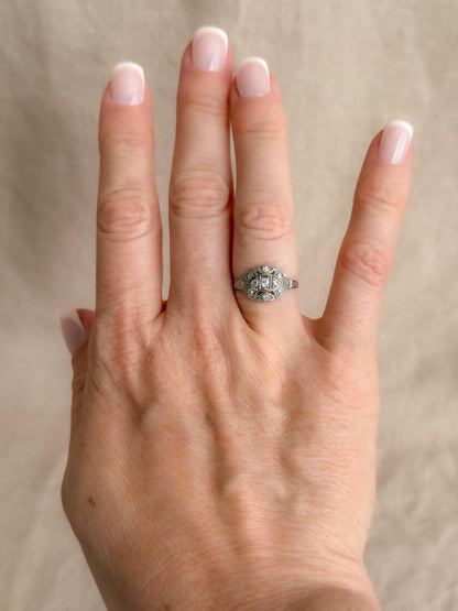 Antique Old Mine Cut Diamond Engagement Ring, 18k White Gold, Vintage Victorian Bridal Ring