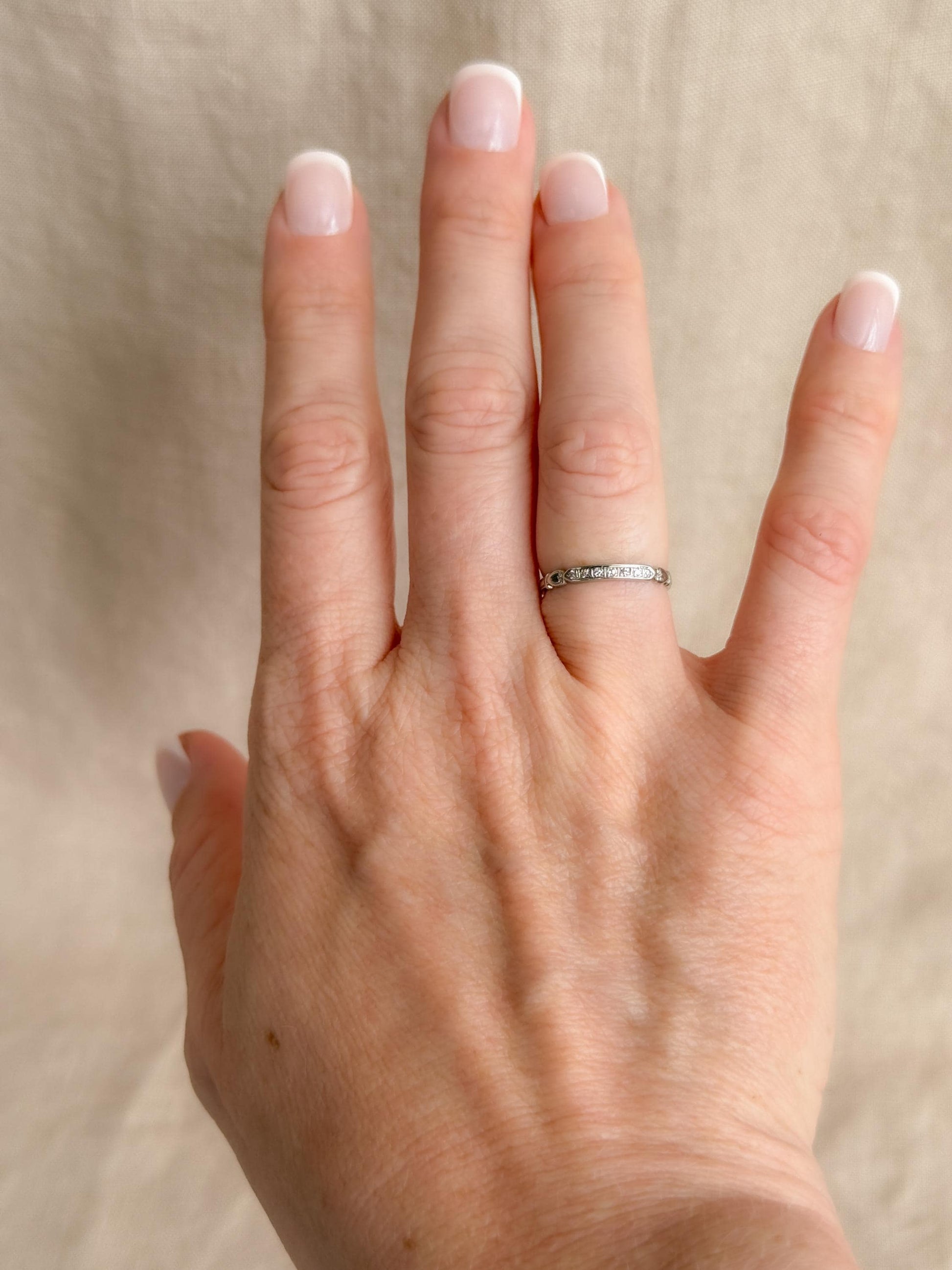 Vintage Old European Cut Diamond Wedding Band, 18k White Gold, Art Deco Minimalist Ring