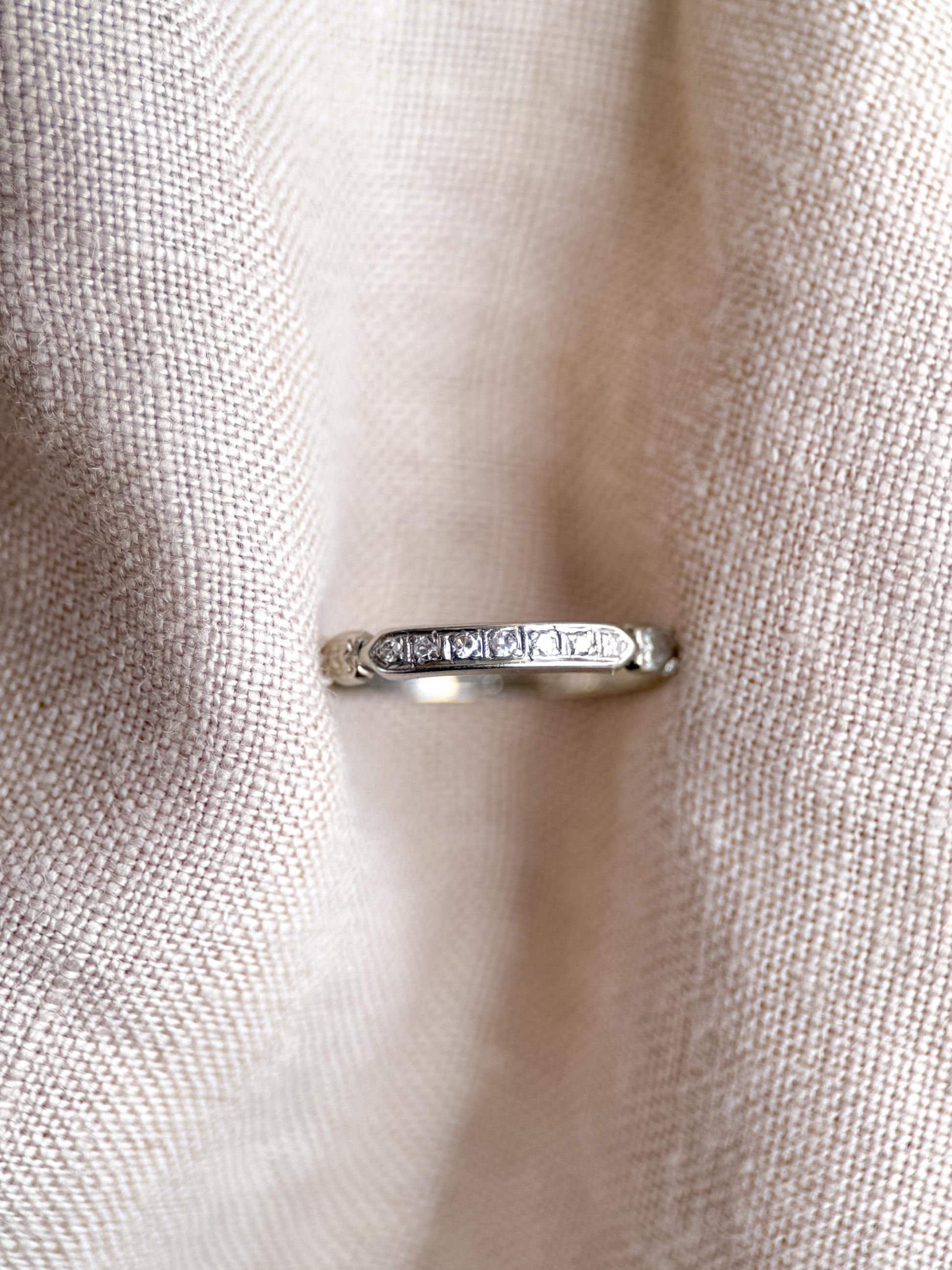 Vintage Old European Cut Diamond Wedding Band, 18k White Gold, Art Deco Minimalist Ring