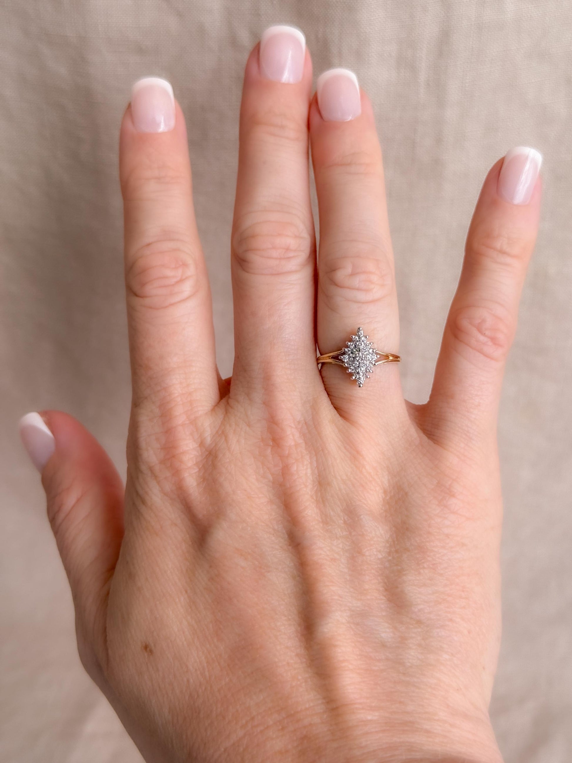 Vintage Cluster Diamond Engagement Ring, Round Cut, 14k Gold, Unique Bridal Ring