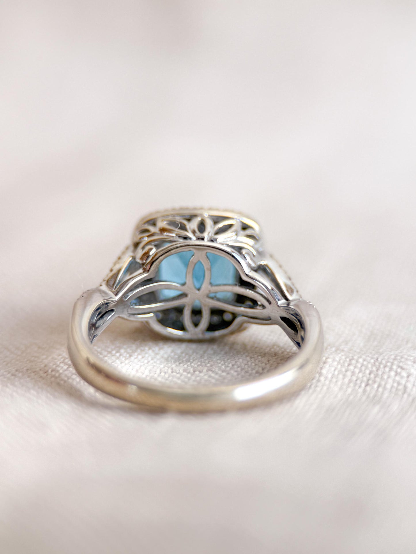 Vintage Blue Topaz and Diamond Halo Engagement Ring, 14k White Gold, Cushion Alternative Bridal