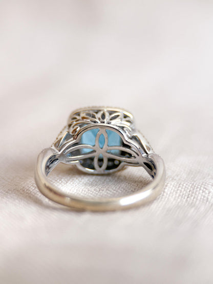 Vintage Blue Topaz and Diamond Halo Engagement Ring, 14k White Gold, Cushion Alternative Bridal