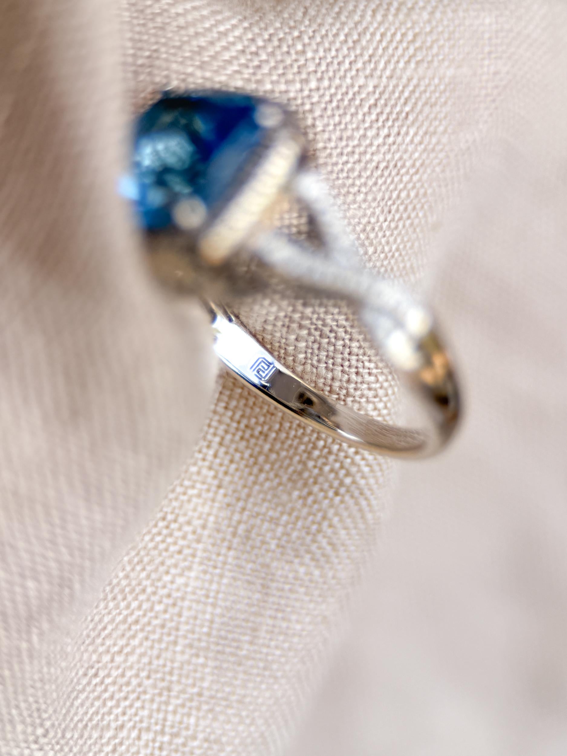 Vintage Blue Topaz and Diamond Halo Engagement Ring, 14k White Gold, Cushion Alternative Bridal