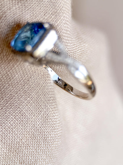 Vintage Blue Topaz and Diamond Halo Engagement Ring, 14k White Gold, Cushion Alternative Bridal