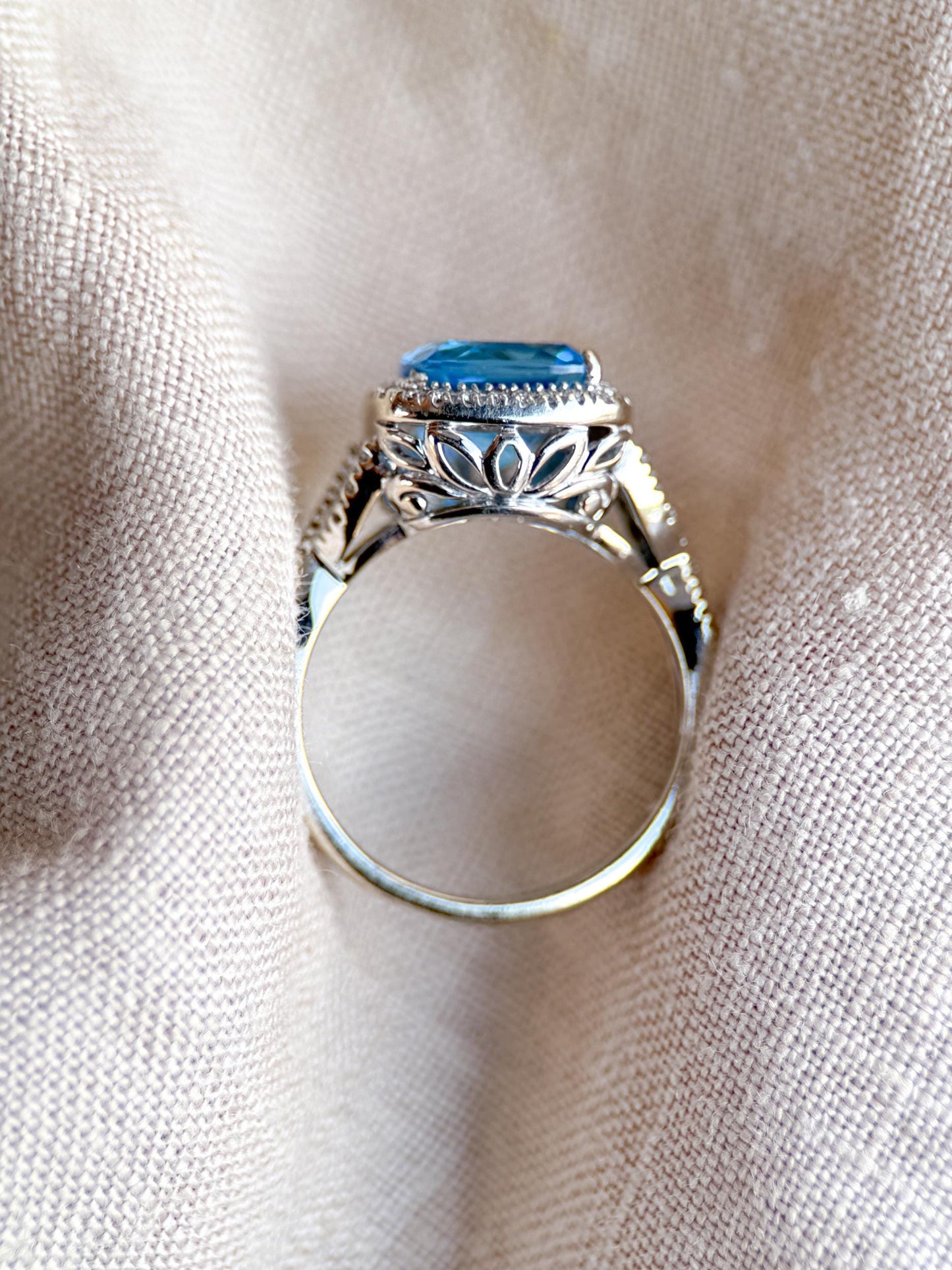 Vintage Blue Topaz and Diamond Halo Engagement Ring, 14k White Gold, Cushion Alternative Bridal