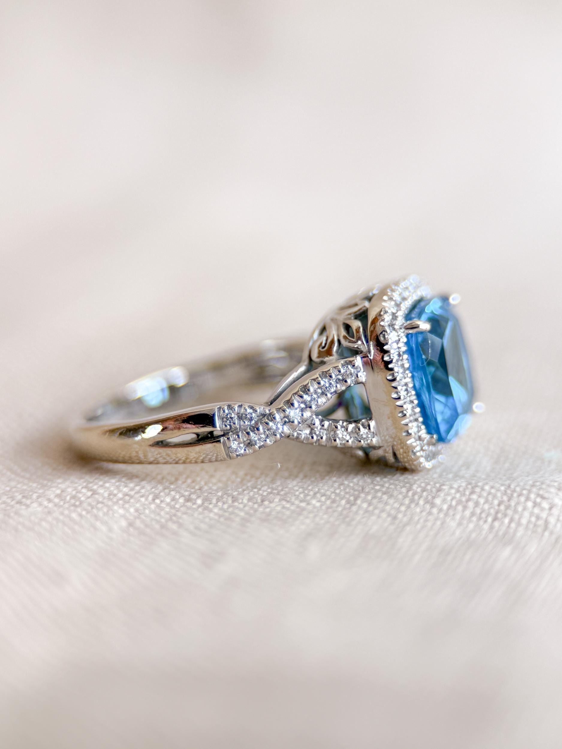 Vintage Blue Topaz and Diamond Halo Engagement Ring, 14k White Gold, Cushion Alternative Bridal