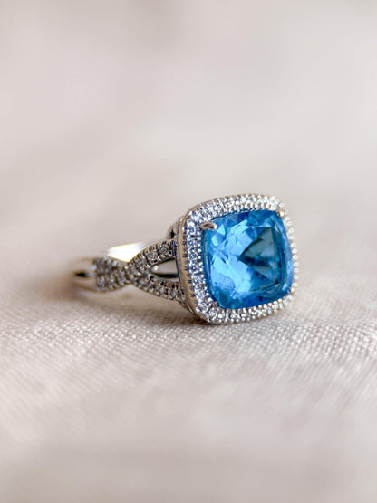 Vintage Blue Topaz and Diamond Halo Engagement Ring, 14k White Gold, Cushion Alternative Bridal