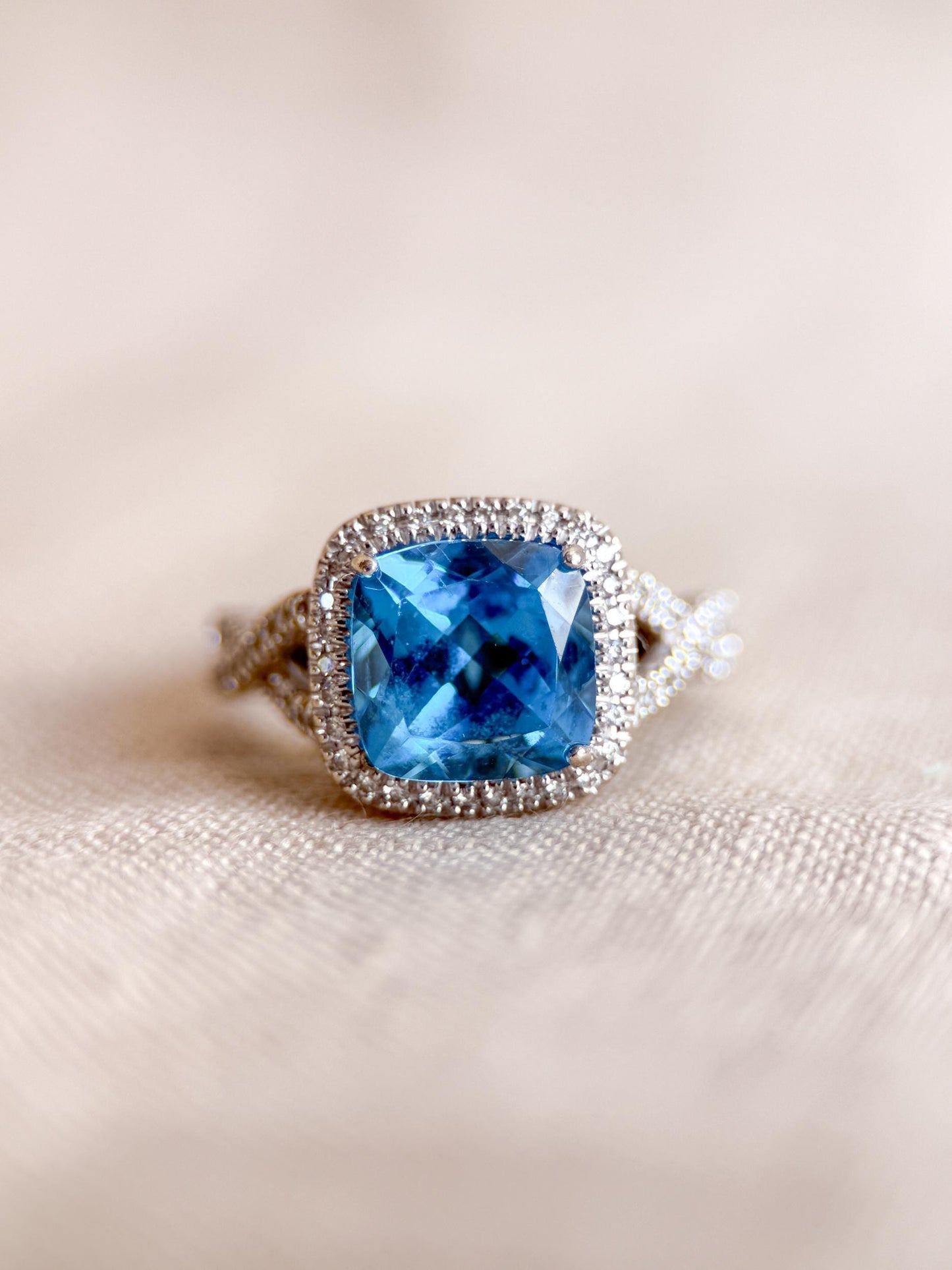 Vintage Blue Topaz and Diamond Halo Engagement Ring, 14k White Gold, Cushion Alternative Bridal