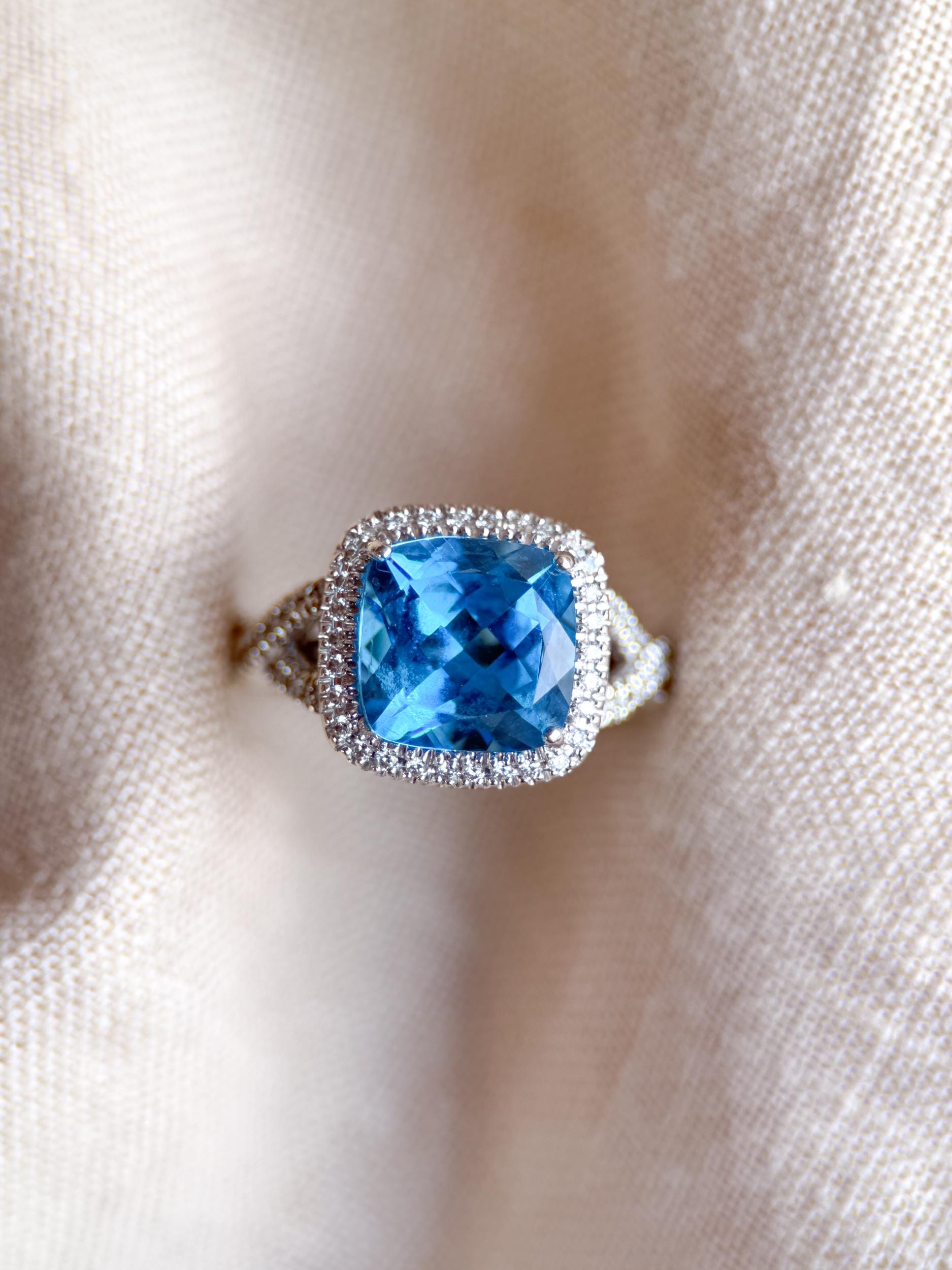 Vintage Blue Topaz and Diamond Halo Engagement Ring, 14k White Gold, Cushion Alternative Bridal