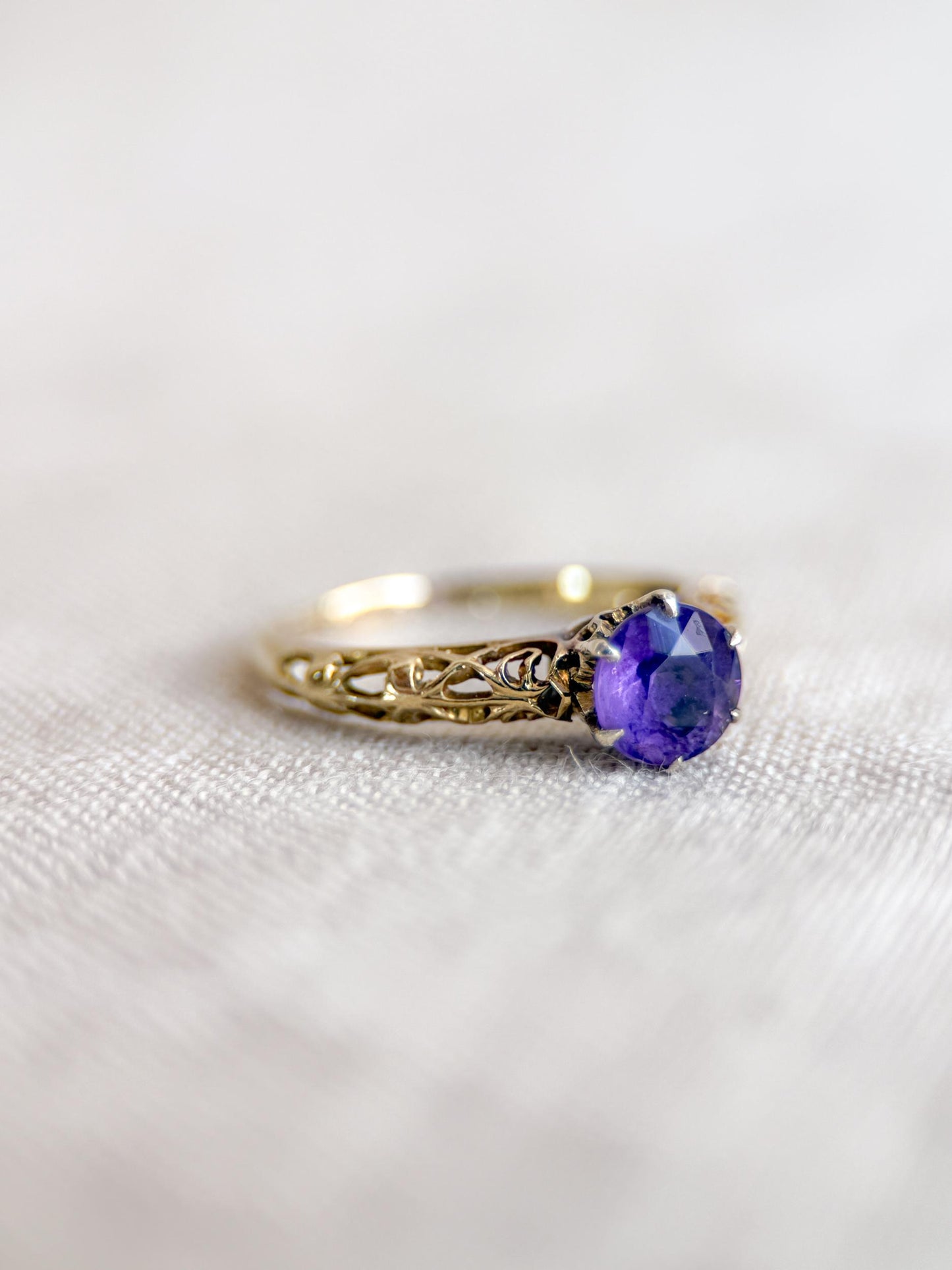 Vintage Amethyst Engagement Ring, Round Cut Solitaire, 14k Gold, Filigree Alternative Bridal Ring