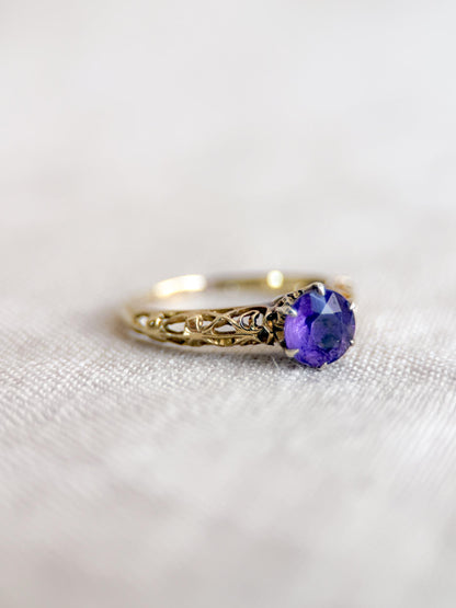 Vintage Amethyst Engagement Ring, Round Cut Solitaire, 14k Gold, Filigree Alternative Bridal Ring