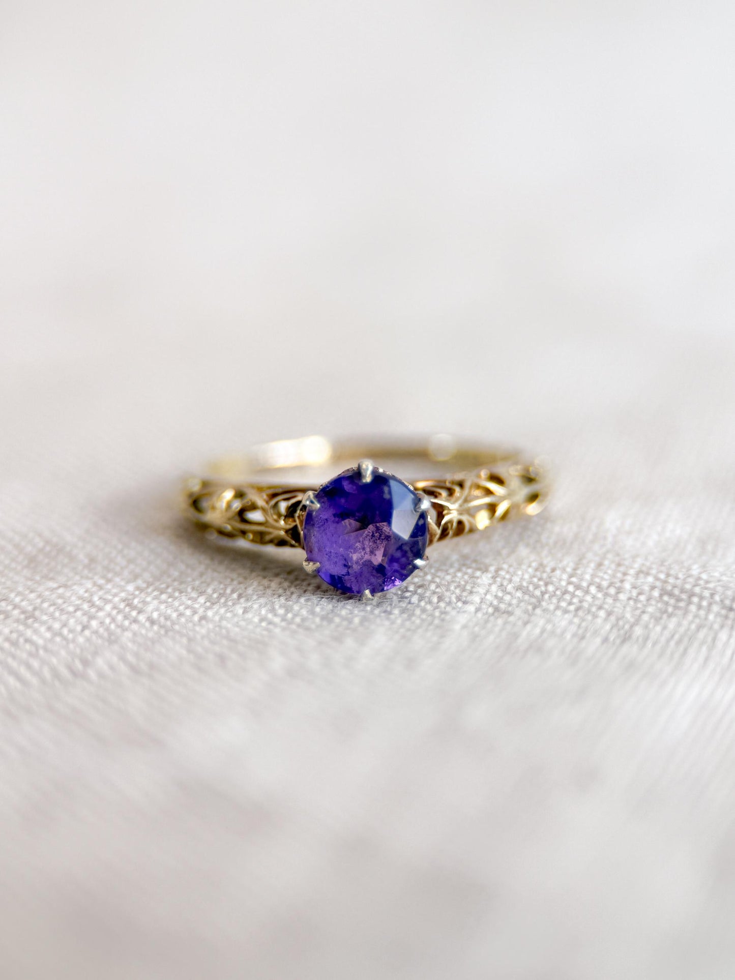 Vintage Amethyst Engagement Ring, Round Cut Solitaire, 14k Gold, Filigree Alternative Bridal Ring