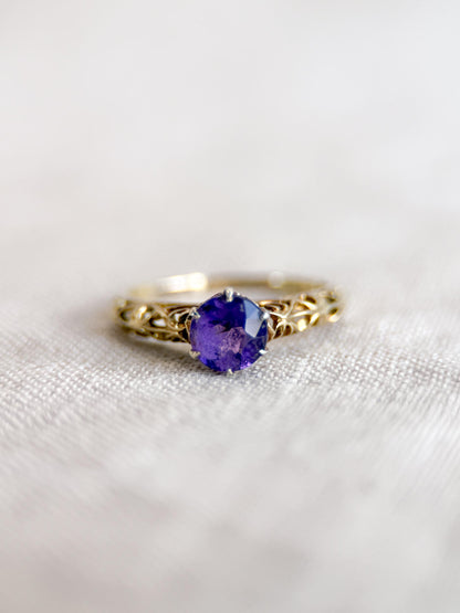 Vintage Amethyst Engagement Ring, Round Cut Solitaire, 14k Gold, Filigree Alternative Bridal Ring