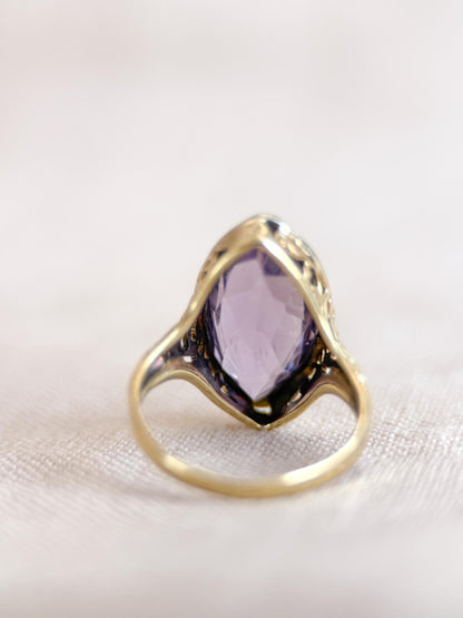 Vintage Amethyst Engagement Ring, Marquise Cut Solitaire, 14k Gold, Filigree Alternative Bridal Ring