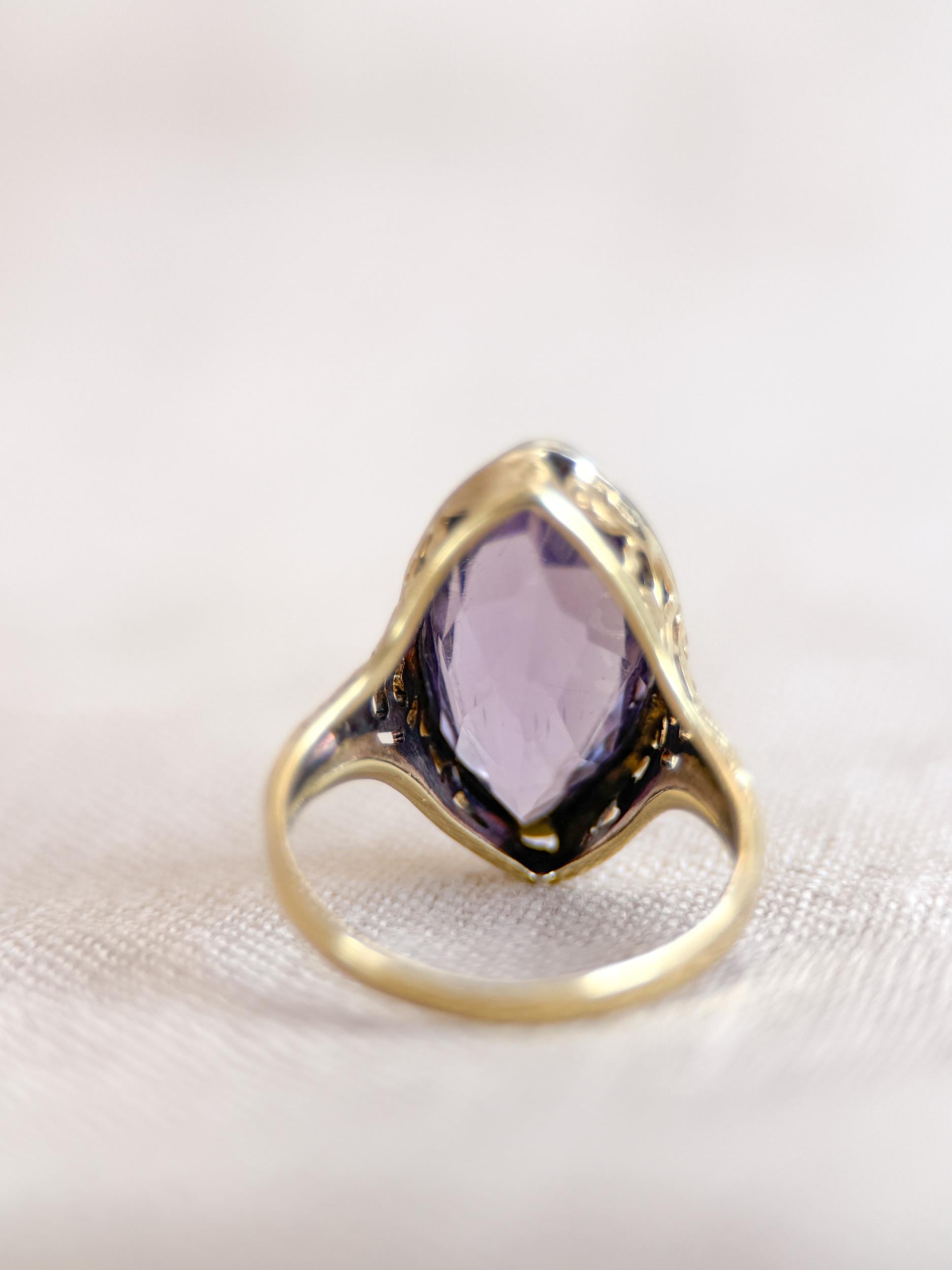 Vintage Amethyst Engagement Ring, Marquise Cut Solitaire, 14k Gold, Filigree Alternative Bridal Ring