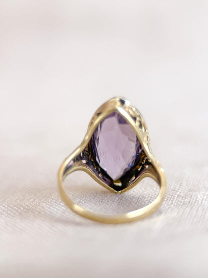 Vintage Amethyst Engagement Ring, Marquise Cut Solitaire, 14k Gold, Filigree Alternative Bridal Ring